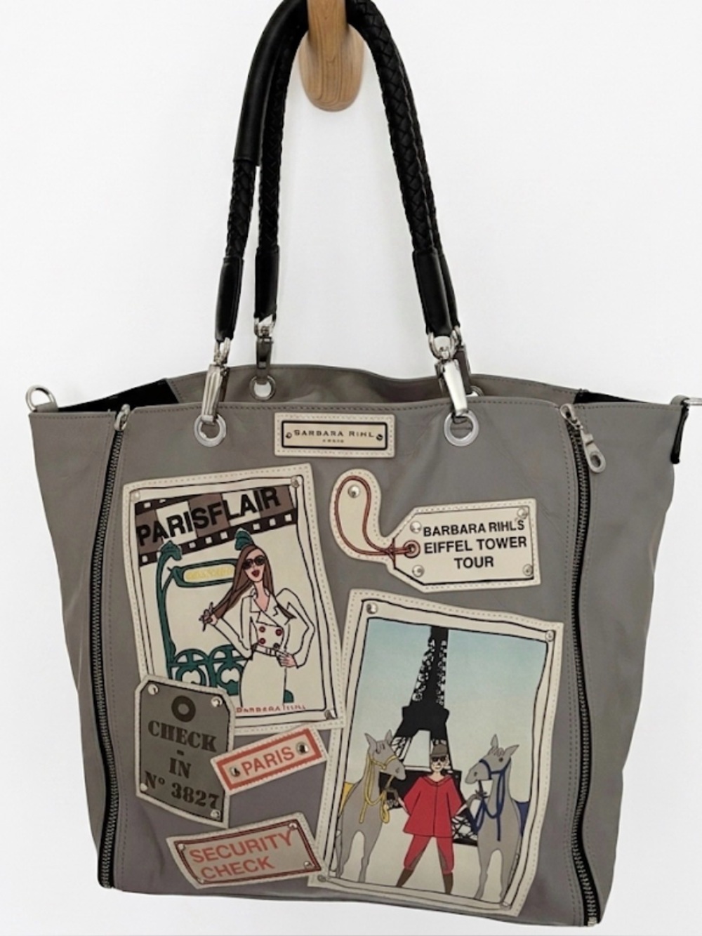Barbara Rihl Paris Eiffel Tower Leather Tote Bag Grey Graphic Patch Shoulder